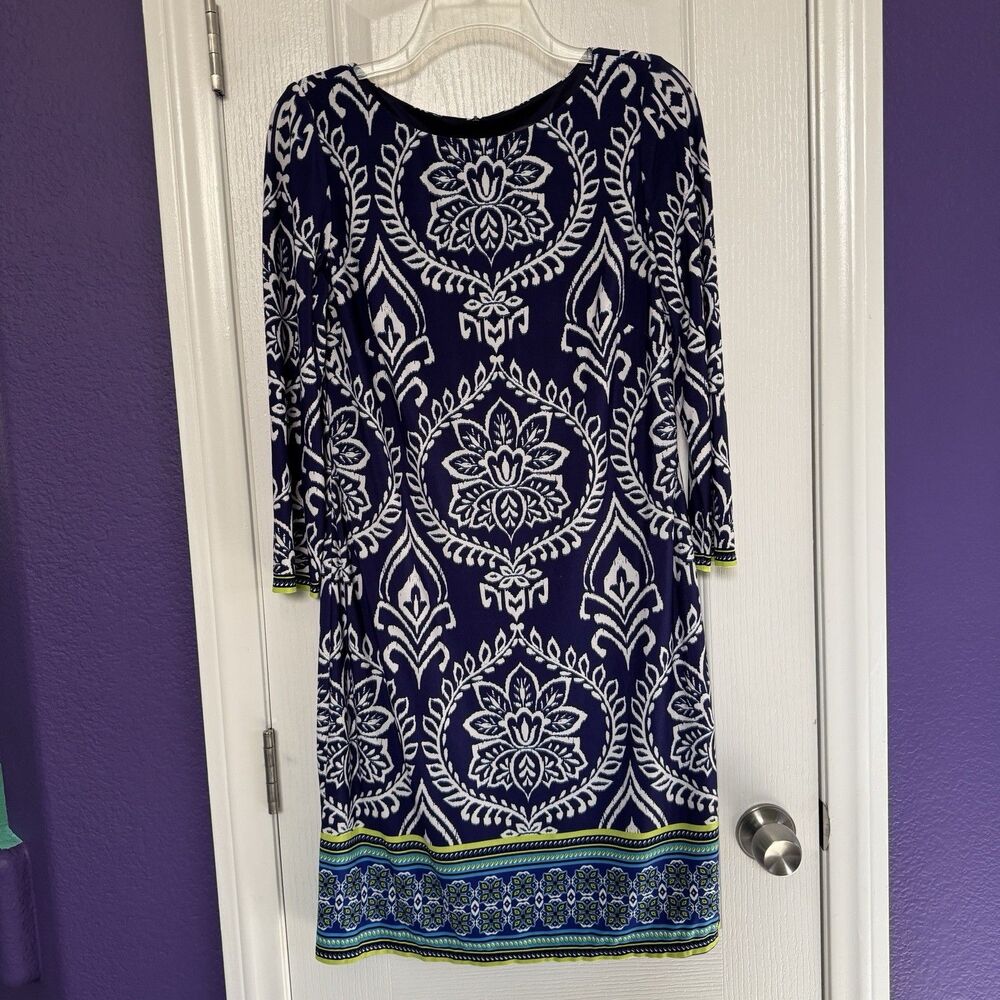 Vince Camuto Blue Neon Paisley Floral Shift Dress 3/4 Sleeve Women’s Size 8 - Picture 9 of 10